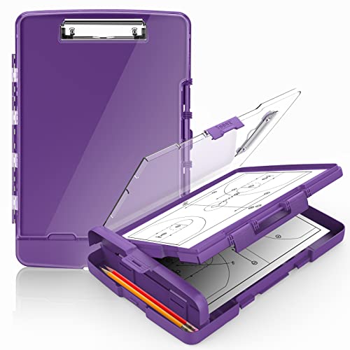 Sooez Original Clipboard with 2 Storage & Pen Holder, Heavy Duty Clip Boards 8.5x11 with Dual Storage, Clearview Dry Erase Coach Clipboard with Real Hinge, High Capacity, School & Office Supplies - color: Purple