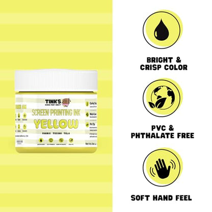 Tinks Screen Printing Ink - Yellow - 8oz. Water-Based Fabric Ink - Screen Printing, Stenciling, Tote Bags & Fabric Stamping - Non-Toxic, No Harsh Fumes, Soap & Water Cleanup - Made in California - color: Yellow