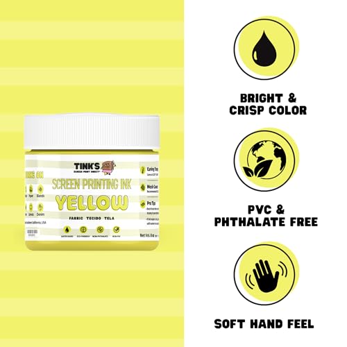 Tinks Screen Printing Ink - Yellow - 8oz. Water-Based Fabric Ink - Screen Printing, Stenciling, Tote Bags & Fabric Stamping - Non-Toxic, No Harsh Fumes, Soap & Water Cleanup - Made in California - color: Yellow