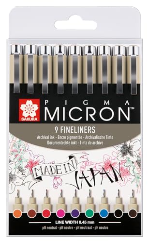 Sakura Pigma Micron 05 Fineliner Pens - Assorted Colours, 9 Pack