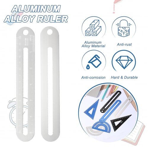HARFINGTON 8pcs Triangular Ruler Set 15cm/6" Aluminum Alloy Straight Geometric Protractor Triangle Engineering Scale Drafting Ruler Kit Measuring Drawing Tool for Classroom Home, Silver White - color: Silver White