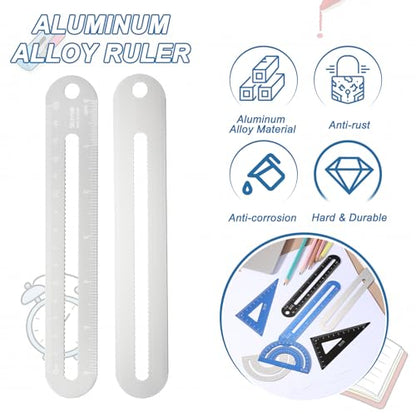 HARFINGTON 8pcs Triangular Ruler Set 15cm/6" Aluminum Alloy Straight Geometric Protractor Triangle Engineering Scale Drafting Ruler Kit Measuring Drawing Tool for Classroom Home, Silver White - color: Silver White