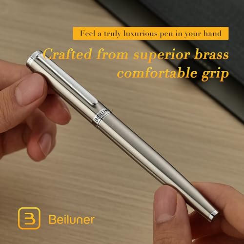 BEILUNER Luxury Fountain Pen Set, Solid 24K Gilded Medium Nib, Silver Stainless Steel Body- Includes 6 Ink Cartridges & Ink Refill Converter with Gift Case - Nice pen for Men and Women - color: Silver, style: Medium Nib