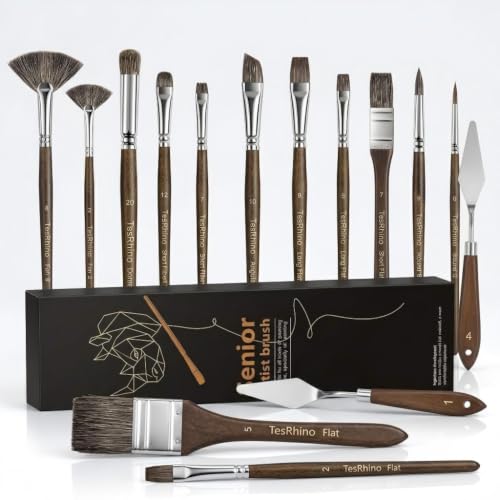 15Pcs Professional Oil Paint Brush Set with Palette Knives, Natural Badger Hair Blending Brushes, Ergonomic Birch Wood Handle for Acrylic, Oil and Gouache Painting, Artists and Beginners