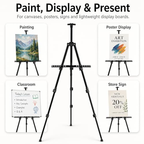 RRFTOK Easel Stand for Sign and Painting - Metal Tripod Adjustable Art Easels for Display Canvases Height from 17 to 66 Inch - Carry Bag for Table-Top/Floor Drawing and Displaying with Black - style: 66S Black 1-pack