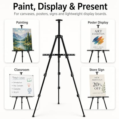RRFTOK Easel Stand for Sign and Painting - Metal Tripod Adjustable Art Easels for Display Canvases Height from 17 to 66 Inch - Carry Bag for Table-Top/Floor Drawing and Displaying with Black - style: 66S Black 1-pack