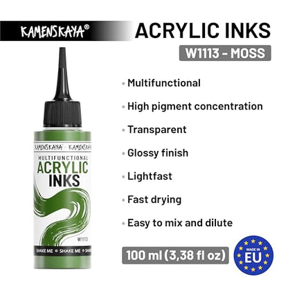 KAMENSKAYA Acrylic Inks for Artists - Moss Acrylic Ink, 3.38 Fl Oz (100 ml) - color: Moss