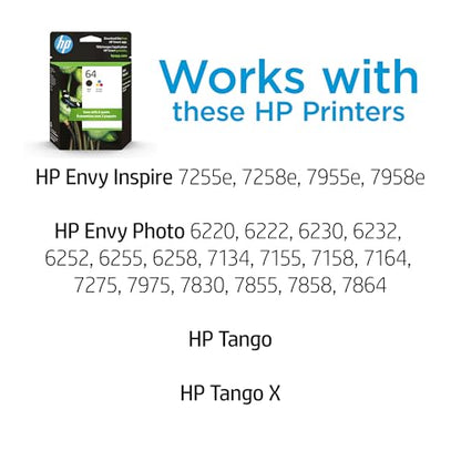 HP 64 Black & Tri-Color Ink Cartridges Printers (Combo Pack) | Works with Printer Series: Inspire 7950e; Envy Photo 6200, 7100, 7800; Tango | Eligible for Instant Ink | X4D92AN - style: Black + CMY