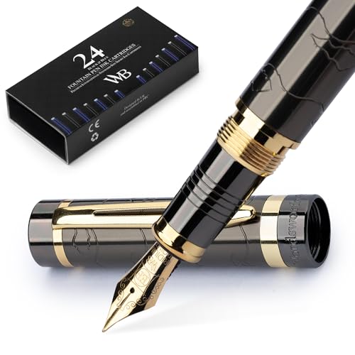 Wordsworth & Black Primori Fountain Pen Set for Writing, Extra Fine Nib | Gunmetal Gold, Gift for Men & Women, Metal Body, 18K German Iridium, Calligraphy, Converter + 24 Ink Cartridges, Refillable - color: Gunmetal Gold, style: Extra Fine Nib