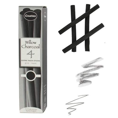 Coates Willow Charcoal- Box of 4 Extra Thick Sticks 12-14mm - style: Extra Thick