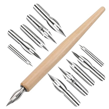 11 PCS Dip Pen Nibs, Calligraphy Nibs with Wooden Pen Holder, Dip Pens Nib Oblique Calligraphy Pens for Drawing Sketching Writing Ink Signing
