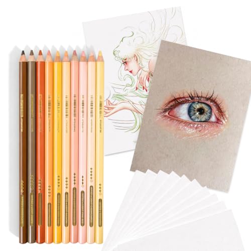 Woomer 10 Skin Tone Colored Pencils, High Pigment + 20 Pro Fine Grain Paper | Oil based Colored Pencils for Smooth Blending Layering Sketching, Fine Grain Texture Sheets Artist Grade - color: Skin Color