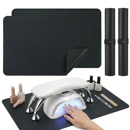 2 PCS Nail Art Table Mat, Soft Microfiber PU Leather Nail Pad, Foldable Nail Art Rest Pad, Reusable Nail Mat for Table Desk, Acrylic Nail Desk Mat for Nail Cushion (Black and Black) - color: Black and Black
