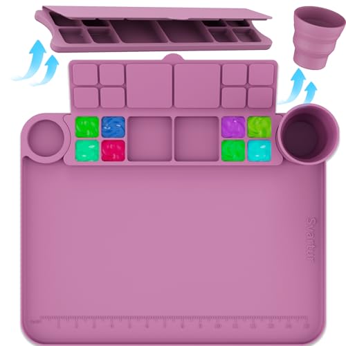 Svartur Silicone Painting Mat with Cup and Palette Detachable, 17"X13" Thick Silicone Craft Mat with Raised Edge for Artist, Painting Station Creator Mat, Purple - color: Purple