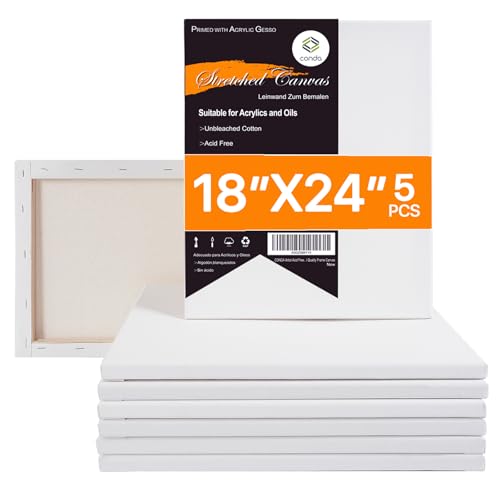 CONDA 18x24 inch Stretched Canvas for Painting, 5 Pack Large Canvas, 100% Cotton, 5/8 Inch Profile Big Stretched Canvas Value Bulk Pack for Acrylics, Oils Painting - size: 18x24 inch