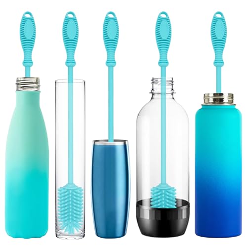 Kitchiny Silicone Bottle Brush with 2 Straw Cleaners - 12.5” Water Bottle Cleaner Brush for Yeti, Hydro Flask, Owala, Stanley, Baby Bottles, Glassware, Vases & Narrow Neck Containers - Blue - color: Blue