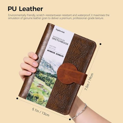 Lightwish Watercolor Sketchbook 100% Cotton, 300gsm (140lb) - 6.69" x 3.94" Hot Press Watercolor Paper Journal Notebook - 20 Sheets with PU Leather Cover for Drawing Mixed Media - color: brown