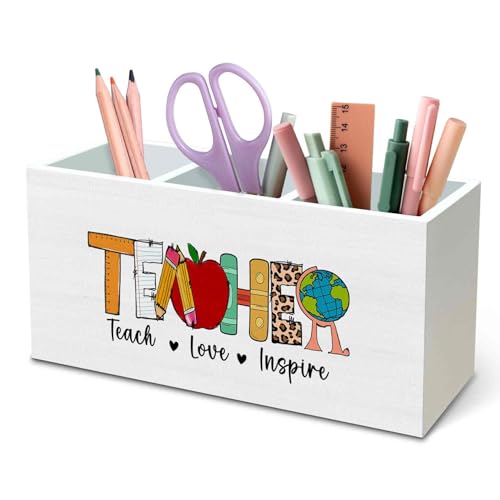 DILSJ Teacher Appreciation Gifts Pen Pencil Holder Organizer for Desk, Cute Teacher Gifts,Funny Teach Love Inspire Wooden Box Signs for Women New Teacher Desk Tabletop Office & School Supplies - color: Love-inspire