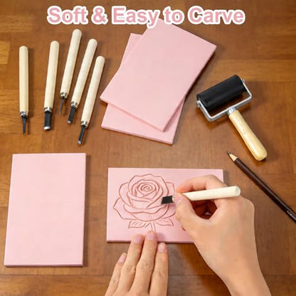Jieting 18 PCS Linoleum Blocks for Printmaking, 4 x 6 Inch 1/4 Inch Thick Pink Rubber Carving Blocks for Stamp Carving with 12 Carving Pens and Ink Brayer Roller for DIY Linocut Art Projects