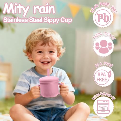 2PCS Stainless Steel Sippy Cups for Toddlers1-3, Baby Straw Cups for 6+Month Old with Travel Lid, Silicone Straw, Replacement Straw & Cleaning Brush-8oz Toddler Cups Spill Proof Set Pink+Rice White - color: Beige/Pink