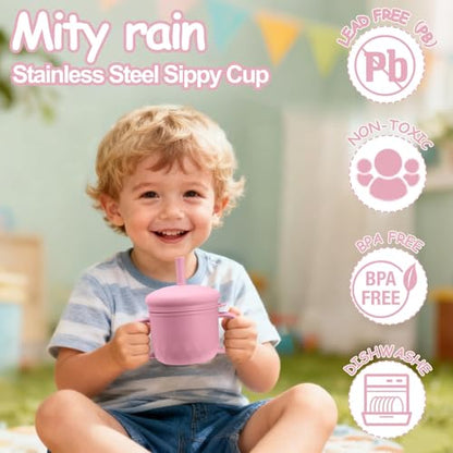 2PCS Stainless Steel Sippy Cups for Toddlers1-3, Baby Straw Cups for 6+Month Old with Travel Lid, Silicone Straw, Replacement Straw & Cleaning Brush-8oz Toddler Cups Spill Proof Set Pink+Rice White - color: Beige/Pink