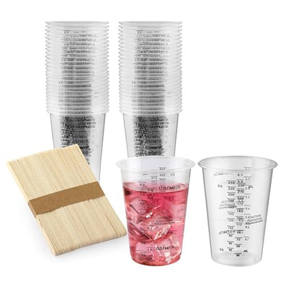 50PCS Resin Epoxy Mixing Cups, DQELFA 8oz Clear Plastic Paint Measuring Cups with 50pcs Wooden Stirring Sticks for Epoxy Resins, Mixing Paint, Pigments, Resins