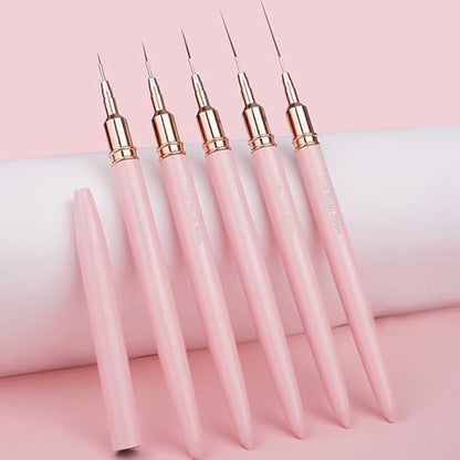 5Pcs Metallic Nail Art Liner Brush Set, UV Gel Polish Painting Tools for Long Lines, Thin Details, Fine Drawing, Sizes 4/8/12/20/25mm (Pink) - color: Pink