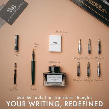 Wordsworth & Black Calligraphy Pen Gift Set, Includes Bottle, 6 Cartridges, Refill Converter, 6 Replacement Nibs, Premium Package, Journaling, Smooth Writing Pens [Green Chrome] - color: Green Chrome