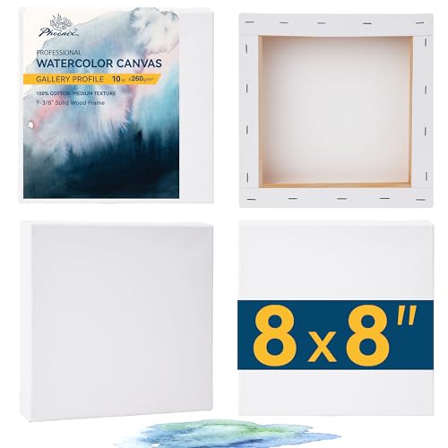 PHOENIX Gallery Depth Watercolor Canvas - 8x8 Inch/4 Pack, 1.5 in Deep 100% Cotton Water Color Square Canvases for Painting, 260g Medium Texture Canvas for Water Based Paints - size: 8"x8", style: Gallery Canvas