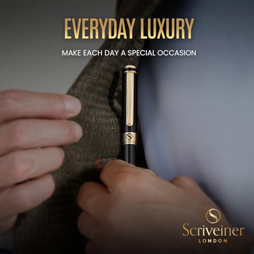 Scriveiner Luxury Fountain Pen - Stunning Black Lacquer Pen, Real Gold Finish, Schmidt Gilded Nib (Broad), Converter, Best Pen Gift Set for Men & Women, Professional, Executive, Office, Nice Pens - color: 1. Black with Gold, style: Broad Nib
