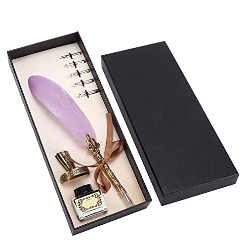 Pen Set, Vintage Calligraphy Writing Suit with Metal Holder and Glass Ink Bottle, 1-5mm Flat Nib for Gothic Italian Script, Complete Gift Box for Teachers Couples Elders (Light Purple) - color: Light Purple