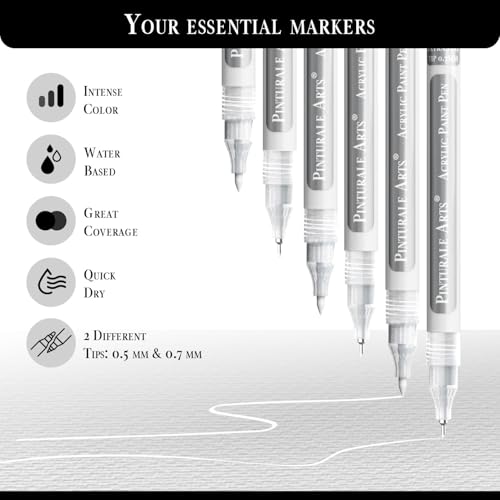 Pinturale Arts® White Paint Pens Extra Fine Point | Set 6 Ultra Fine Tip Acrylic Paint Pens (0.7mm & 0.5mm) | For Black Paper, Ceramics, Rock Painting, Glass, Wood, Canvas, Metal - color: White