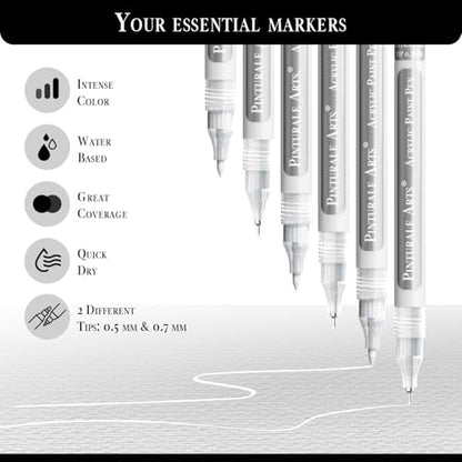 Pinturale Arts® White Paint Pens Extra Fine Point | Set 6 Ultra Fine Tip Acrylic Paint Pens (0.7mm & 0.5mm) | For Black Paper, Ceramics, Rock Painting, Glass, Wood, Canvas, Metal - color: White