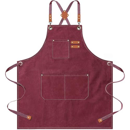 AFUN Aprons for Men Women with Large Pockets, 16-Ounce Cotton Canvas Cross Back Apron - color: Dark Red