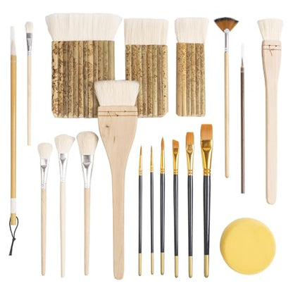 Set of 19 Wool Soft Pottery Glaze Brushes Tool for Ceramic Glazing Acrylic Watercolor Oil Painting, Includes Sponge, Mop, Hake, Sumi, Fan, Fine Brush Bristle for Clay Kiln Blending Supplies - color: 14pcs