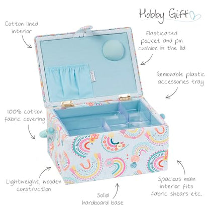 Hobby Gift Medium Sewing Box Organiser, Fabric Covered Storage Box with Handle, Internal Tray, Pin Cushion and Pocket for Sewing, Quilting and Knitting Supplies - color: Rainbow
