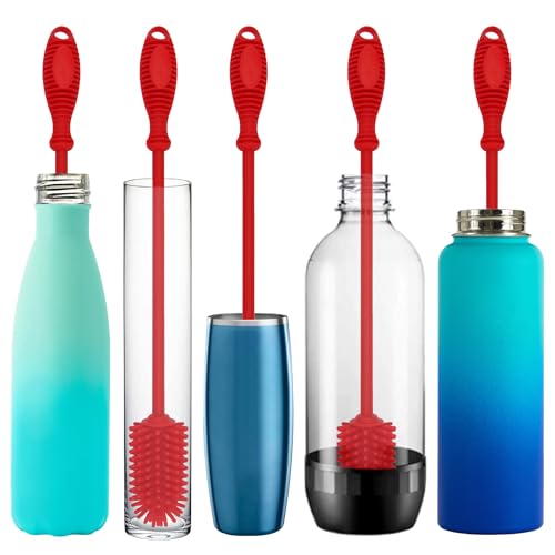 Kitchiny Silicone Bottle Brush with 2 Straw Cleaners - 12.5” Water Bottle Cleaner Brush for Yeti, Hydro Flask, Owala, Stanley, Baby Bottles, Glassware, Vases & Narrow Neck Containers - Red - color: Red