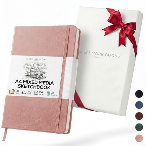 Beechmore Books A4 Mixed Media Sketchbook - 8.5"x11" Hardcover Lay-Flat Art Journal, 160 GSM / 98 lb Professional Ivory Paper, 156 Perforated Pages, Gift Box, Ink, Drawing and Light Watercolor - color: Rose Wood, size: A4 - 8.5" x 11.5" Large