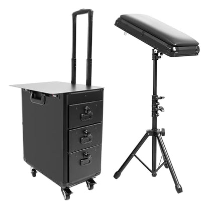 4 in 1 Rolling Makeup Train Case, 3 Drawers Portable Cosmetic Organizer, Aluminum Frame Lockable Beauty Storage Luggage with 4 Removable Wheels for Travel, Salon, Manicure & Makeup Artist