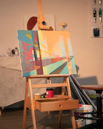 DJAR Solid Beech Wood H-Frame Art Easel with Storage Drawer, Natural | Artist Painting Stand for Adults, Holds Canvas up to 36", Main Mast Adjustable to 75", Great for Home Studios & Classroom