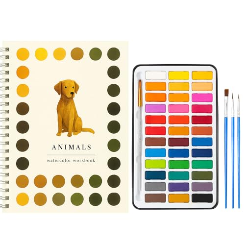 Watercolor Workbook Set with Solid Paint Palette – Guided Painting Pages + 36 Solid Colors – Beginner Friendly Art Practice Book for Home & Classroom Use (Animals) - color: ANIMALS