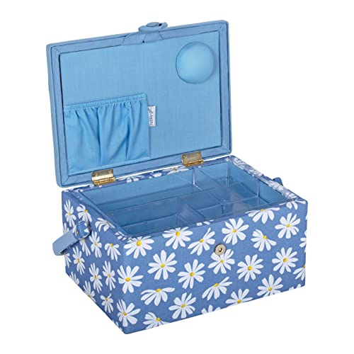 Hobby Gift Medium Sewing Box Organiser, Fabric Covered Storage Box with Handle, Internal Tray, Pin Cushion and Pocket for Sewing, Quilting and Knitting Supplies - color: Denin Daisies