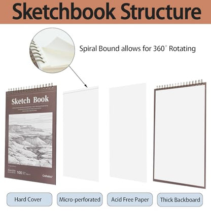 Crehatos 9" x 12" Sketch Book, Top Spiral Bound Sketch Pad, 100 Sheets 68lb/100gsm Drawing Paper, 1 Pack - size: 9" x 12" (1 Pack)