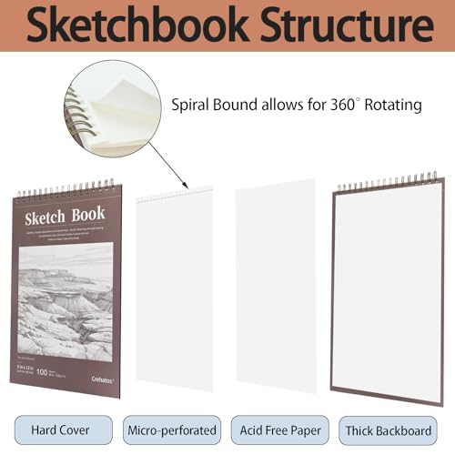 Crehatos 9" x 12" Sketch Book, Top Spiral Bound Sketch Pad, 100 Sheets Each 68lb/100gsm Drawing Paper, 2 Pack - size: 9" x 12" (2 Pack)