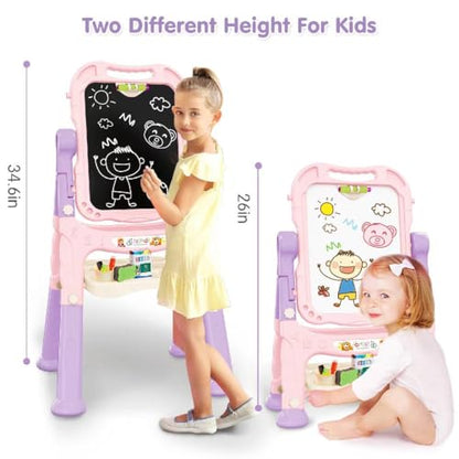 Kids Art Easel, Adjustable Drawing Whiteboard & Chalk Board, Double Sided Toddler Easel with Painting Accessories, Birthday Gift Toy for Little Girls Boy Age 2 3 4 5 (Pink) - color: Pink