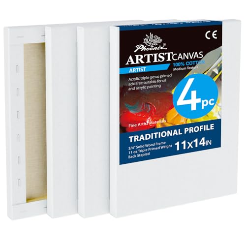 PHOENIX 11x14 Inch 4 Pack Artist Canvas - Stretched Canvases for Painting - 3/4 Inch Profile, 100% Cotton 11 Oz. Gesso Primed White Blank Professional Canvas Oil & Acrylic Paints - size: 11"x14", style: Traditional