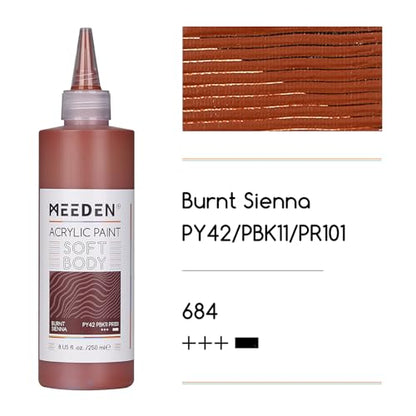 MEEDEN Soft Body Acrylic Paint: Burnt Sienna Matte Finish - 250ml/8.45oz Bulk Acrylic Colors in Ergonomic Bottle - Fluid Flow Art Paints for Artists Canvas Painting - color: Burnt Sienna