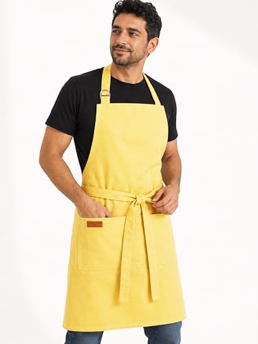 100% Cotton Kitchen Apron with 2 Pockets – Adjustable Chef Apron for Cooking Baking BBQ – Unisex Apron - color: Lemon, size: Standard