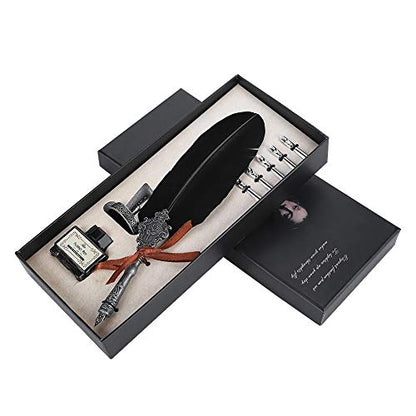Quill Dip Pen European Retro Quill Gift Box Set Alloy Writing Calligraphy Pens Set with Pen Nibs Gift Box Quill Set with Ink Bottle, Friends, Teachers(Black)