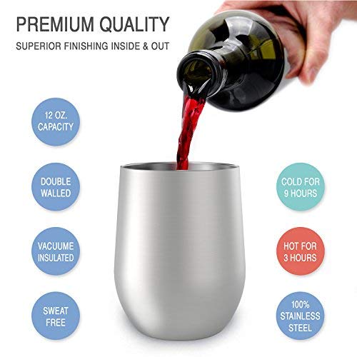CHILLOUT LIFE 12 oz Stainless Steel Wine Tumbler with Lid - Double Wall Vacuum Insulated Wine Cup Glass Keeping Cold & Hot for Coffee, Champagne, Cocktails, Ice Cream - Dishwasher Safe Finish - color: Stainless Steel, style: 1 Pack